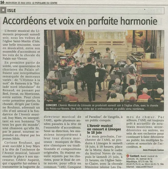 Article du Populaire du concert avec la chorale du Palais sur Vienne