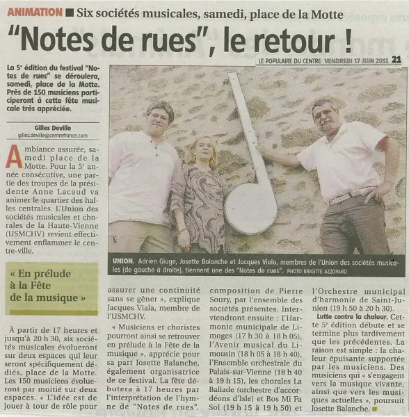 Article du Populaire du Centre sur le Festival Notes de Rues