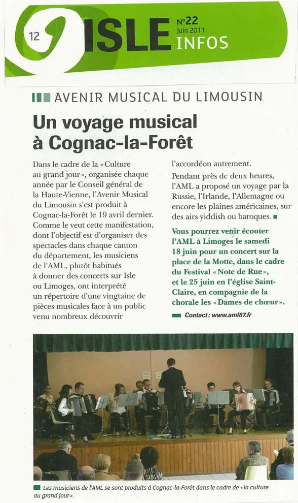 Article d'Isle Info de Juin 2011 sur le concert à Cognac la Forêt